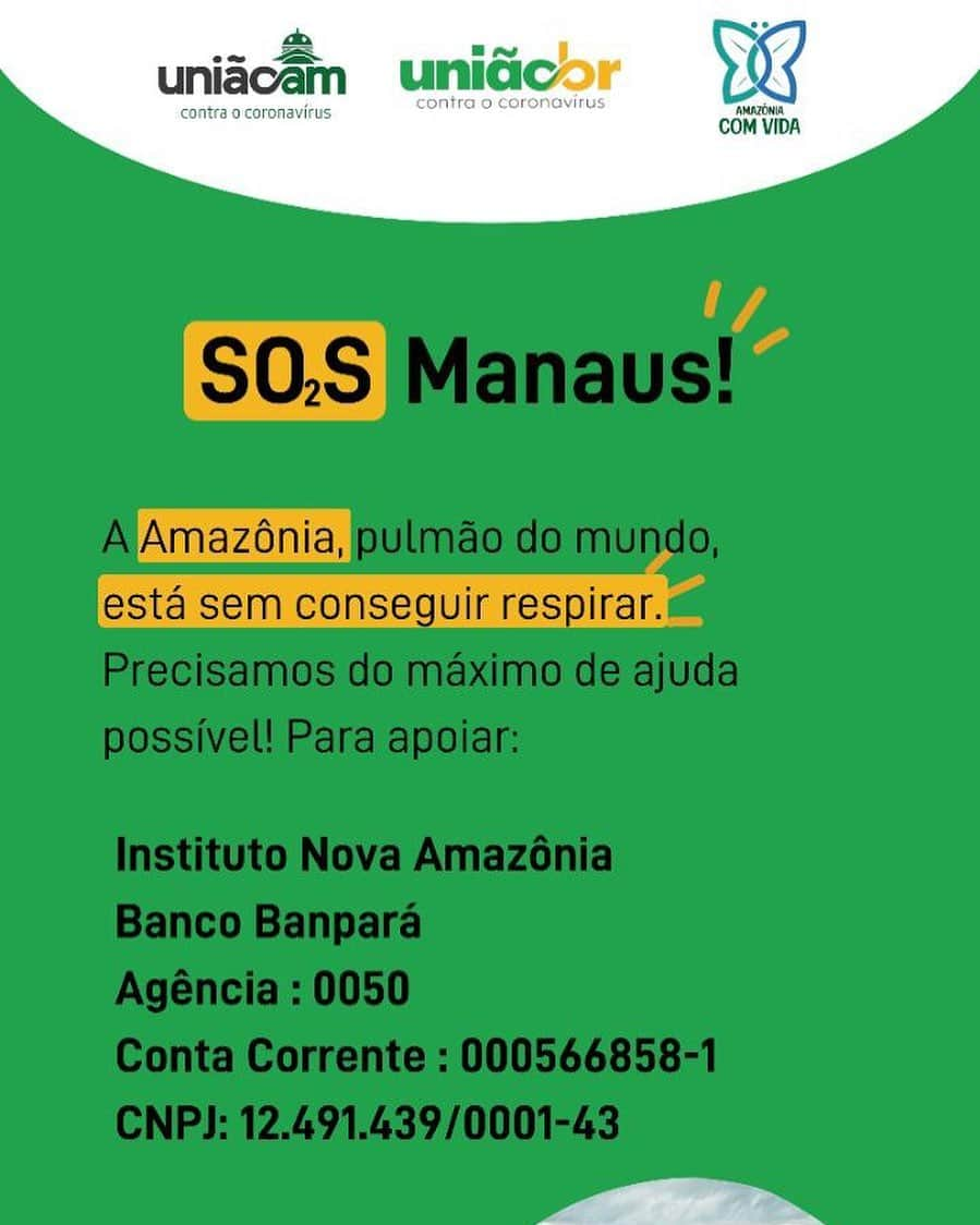 アンジェリカさんのインスタグラム写真 - (アンジェリカInstagram)「Nesta pandemia a União BR ajudou mais de 20 estados, 9 milhões de pessoas e agora todos eles se juntam para ajudar a Amazônia. Amazonas pede ajuda para respirar. Os estoques de oxigênio acabaram, pessoas estão morrendo e precisamos de ajuda para garantir e preservar VIDAS. Os recursos doados serão destinados a compra de cilindros, oxigênios, concentradores, reanimador adulto, fluxômetro de O2, máscara de alta concentração (com reservatório), máscara VNI, umidificador de O2 e conexões tipo Y. Vamos juntos...#todospeloamazonas *Banpará = banco estadual do Pará : 037」1月15日 23時27分 - angelicaksy