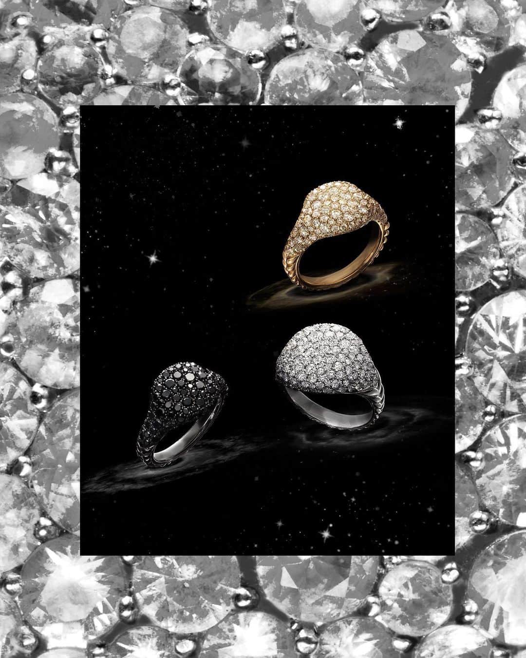 デビッドヤーマンのインスタグラム：「Sparkling personalities. A #DYPinky brilliantly reflects your individuality with hand-set cognac, white or black diamonds. #DavidYurman #TapToShop」
