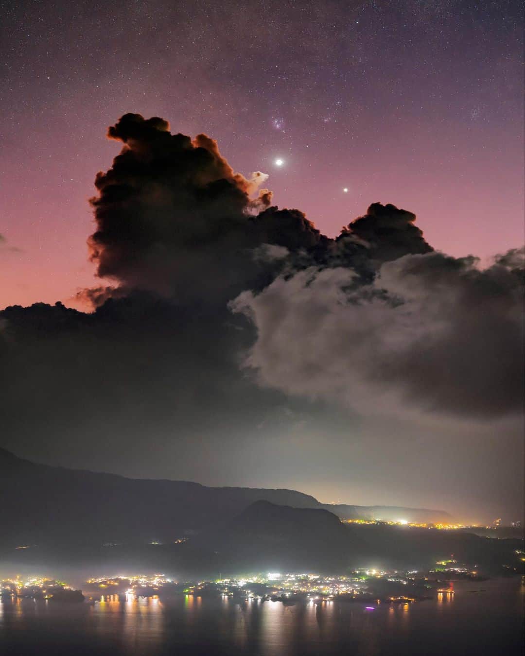 National Geographic Travelさんのインスタグラム写真 - (National Geographic TravelInstagram)「Photos by @babaktafreshi / The color of twilight in this tropical latitude was still visible to my camera as stars and the Milky Way began to reveal themselves above the villages on Lake Atitlan, a sacred home to Maya people in Guatemala. A rare celestial meeting appeared above the clouds on this November 2019 evening. Swipe to see a closer view. The two brightest planets in the Earth's sky, Venus and Jupiter, can be seen next to the Lagoon Nebula, some 4,100 light-years away in the galaxy.  Explore more of the world at night photography with me @babaktafreshi. #twanight #nature #lakeatitlan #guatemala」1月16日 0時59分 - natgeotravel