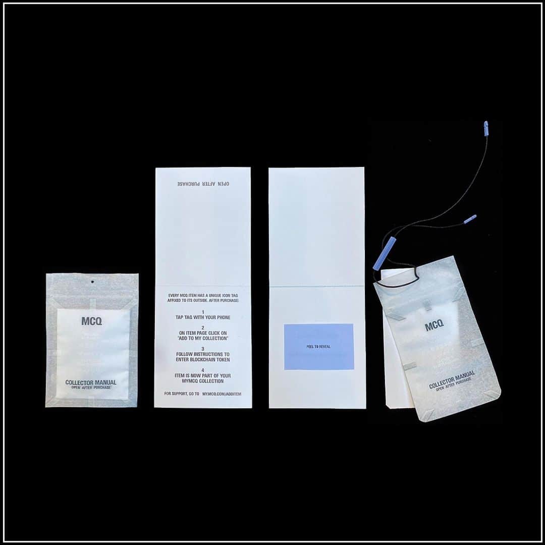 マックキュー アレキサンダー・マックイーンのインスタグラム：「Every MCQ item has an embedded chip in the tag. Tap the tag with a smartphone to be taken to MY.MCQ.COM. Insert the token code from your swing tag. Your item has now been registered to blockchain.」