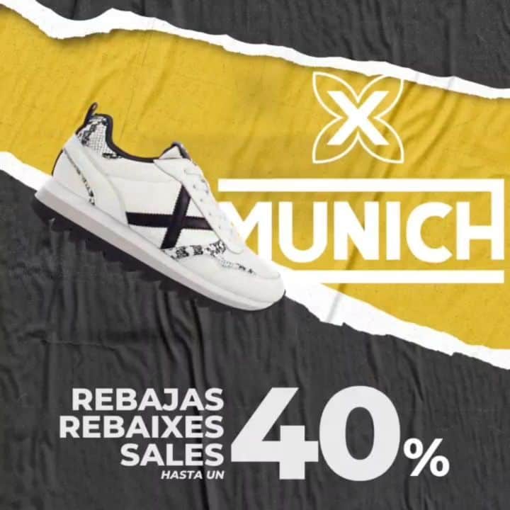 ミュニックのインスタグラム：「💥REBAJAS MUNICH®💥 Hombre • Mujer • Kids ¡Hasta un 40% de descuento!   👟✖️ En nuestra web oficial www.munichsports.com y tiendas MUNICH   #Rebajas #MunichSports #Deporte #Moda #STB #KIDS #AccesoriosMUNICH」