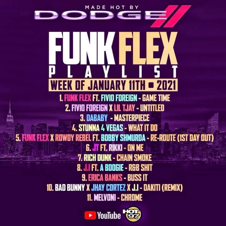 ファンクマスター・フレックスのインスタグラム：「Playlist Manager: @wilmajor   1 @FunkFlex ft. @FivioForeign_8fs - GameTime (Prod by @funkflex x @yamaicaproductions ( ) @inflexwetrust @fsr.management @columbiarecords @imran1231 @jerry_salutee3x  2 @FivioForeign_8fs x @LilTjay - Untitled  @fsr.management @columbiarecords @imran1231 @jerry_salutee3x 3 @DaBaby - Masterpiece (Prod by @dagotthatdope ) @arnoldltaylor @interscope 4 @Stunna4Vegas - What It Do (Prod by @djtrebble @stxnk ) #billiondollababyent @billiondollarbabyentertainment 5 @FunkFlex x @RowdyRebel ft. @realbobbyshmurdags9 - Re-Route(1st Day Out) (Prod by @funkflex x @luisbordeaux  x @nonnativemusic ) @fettylucianogs9 @bean_ishhh @iamsylviarhone @ezekillewis  @june_biz @its_only_nique_  6 @snf.JT ft. @Rikwoodz - On Me [ @irvgotti187 ] 7 @richdunk_lok - Chain Smoke #billiondollababyent @billiondollarbabyentertainment 8 @iamj.i ft. @artisthbtl - R&B Shit (Prod by #Woodpecker @figurezmadeit ) @gstarr_mgmt @interscope 9 @realEricaBanks - Buss It (Prod by @sgtjafoo ) @warnerecords  @1501certifiedent @eloramason  @juinjeff 10 @BadBunnyPR x @jhaycortez x @iamj.i - Dakiti (remix) (Prod by #Patience @Tainy #BadBunny #jhaycortez ) @gstarr_mgmt @moneynels  11 @Melvoni - Chrome (Prod by #Sl1ck #Sl1ck @fraxille_ ) @epicrecords」