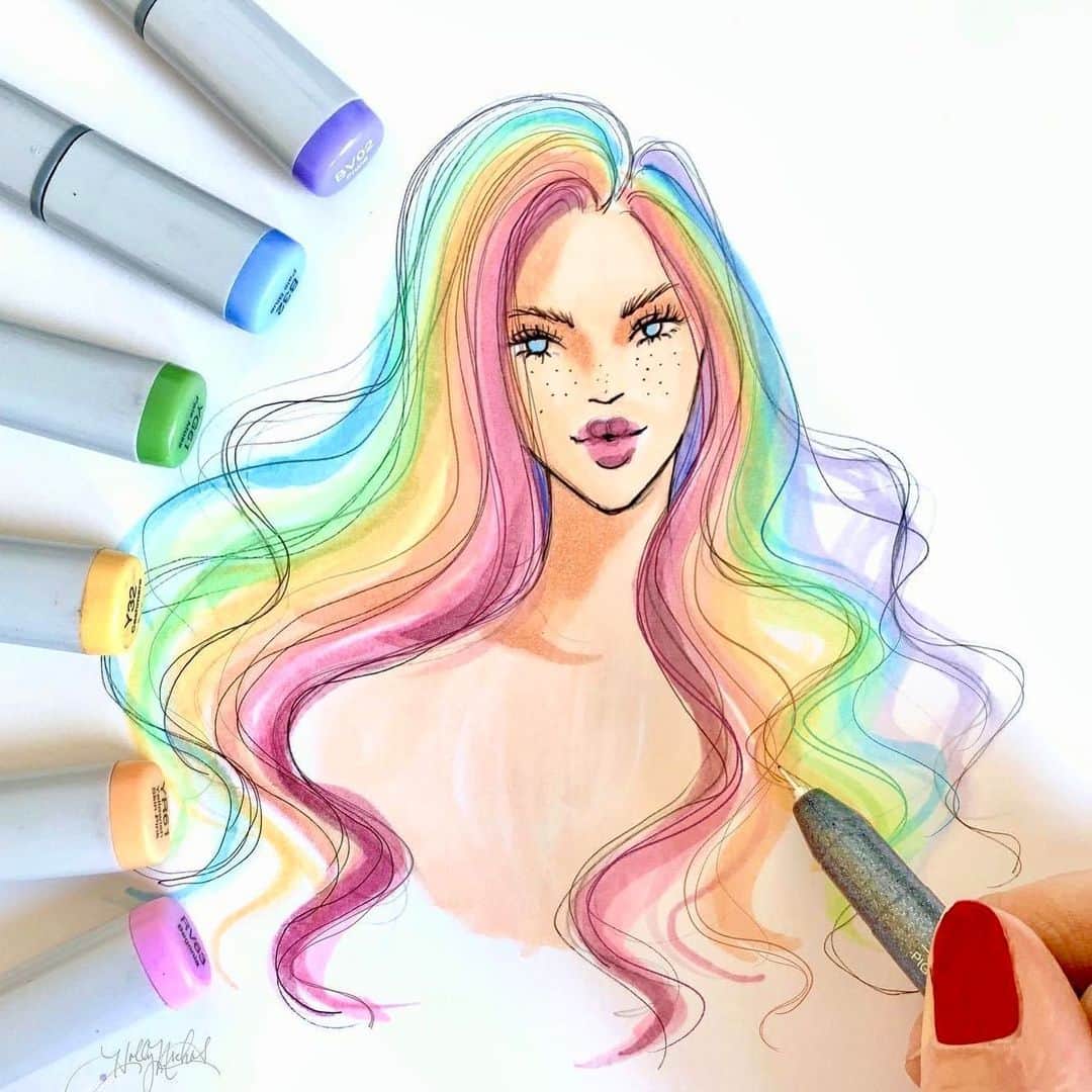 Holly Nicholsさんのインスタグラム写真 - (Holly NicholsInstagram)「Live boldly 🌈♥️ sketched with @copic_official markers and outlined with Copic Multiliners #fashionillustration #rainbow #rainbowhair」1月16日 5時14分 - hnicholsillustration