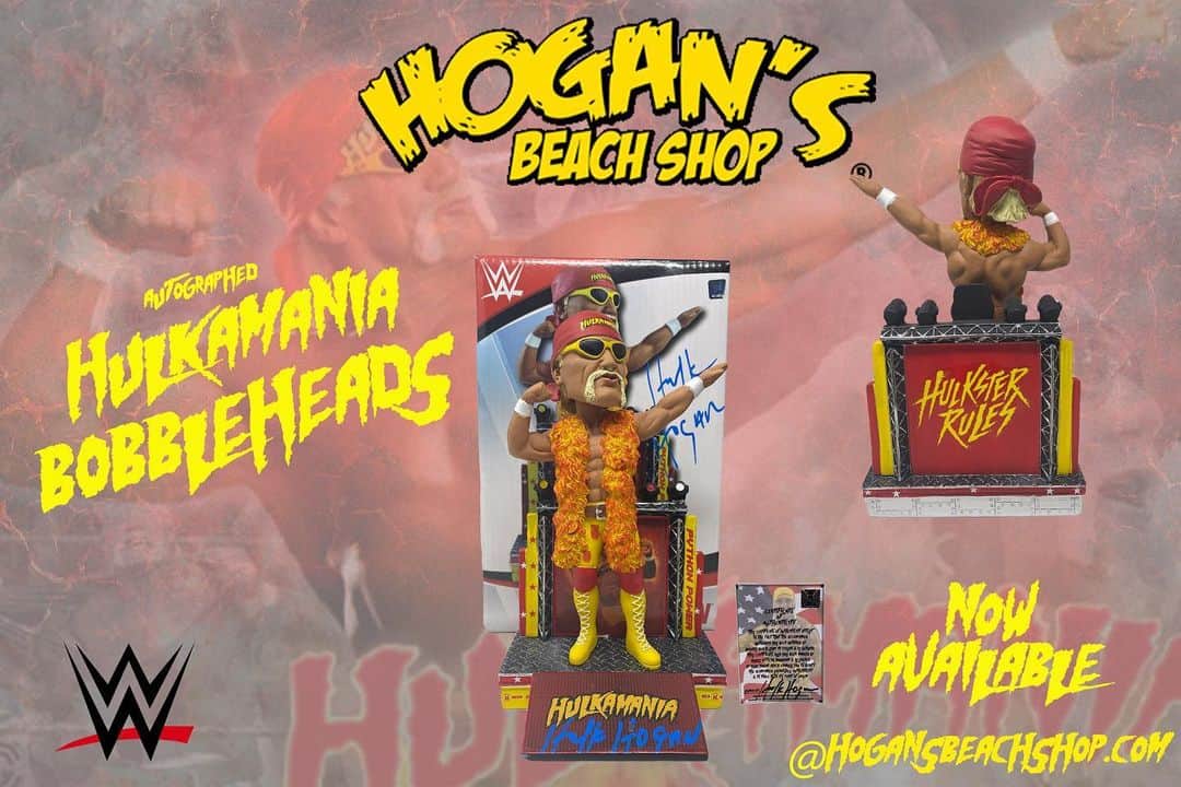 ハルク・ホーガンのインスタグラム：「Whatsup Hulkamaniacs 👊 We now have a few @wwe Autographed Hulkamania Bobbleheads in stock💪 Check them out at Hogan’sbeachshop.com (LINK IS IN OUR BIO) https://hogansbeachshop.com/collections/autographed-toys-and-figures/products/wwe-hulk-hogan-autographed-bobblehead?_pos=1&_sid=b5b0d0143&_ss=r」