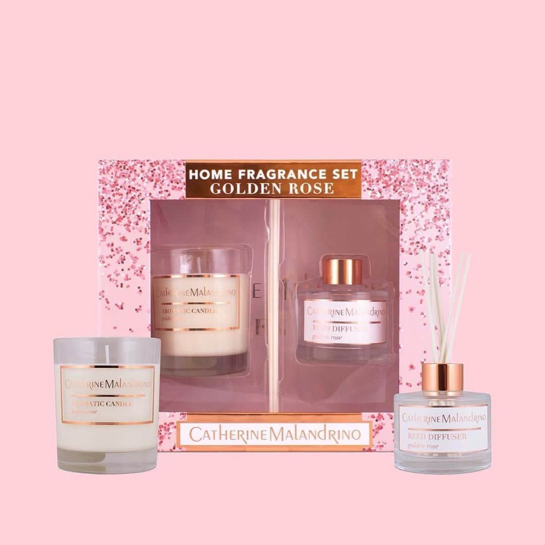 キャサリンマランドリーノのインスタグラム：「Tap to shop our home fragrance set! 💖 • • • • #catherinemalandrino #catherinebycatherinemalandrino #fragrance #scent #set #homefragrance #home #candle #diffuser #goldenrose」