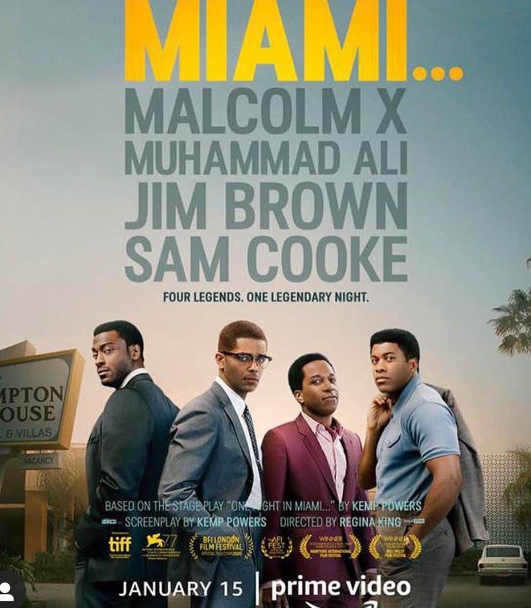 エヴァ・マルセルさんのインスタグラム写真 - (エヴァ・マルセルInstagram)「My Friday night is #booked thanks to @iamreginaking and @amazonprimevideo spending #OneNightInMiami.  This film takes place on a night in 1964 following the victory of Cassius Clay (Eli Goree), soon to be known as Muhammad Ali, over heavy weight champion Sonny Liston at the Miami Convention Hall. Afterward, Clay and three of his friends Malcolm X (Kingsley Ben-Adir), Sam Cooke (Leslie Odom Jr.), and Jim Brown (Aldis Hodge) gather in a hotel room to celebrate. But what unfolds over the course of the night is a series of deep conversations about their place in history, their responsibility to civil rights, and tense confrontations over their value. Congratulations on your directorial debut @iamreginaking #inspired  #supportblackstories Join me and watch tonight🌻」1月16日 7時16分 - evamarcille