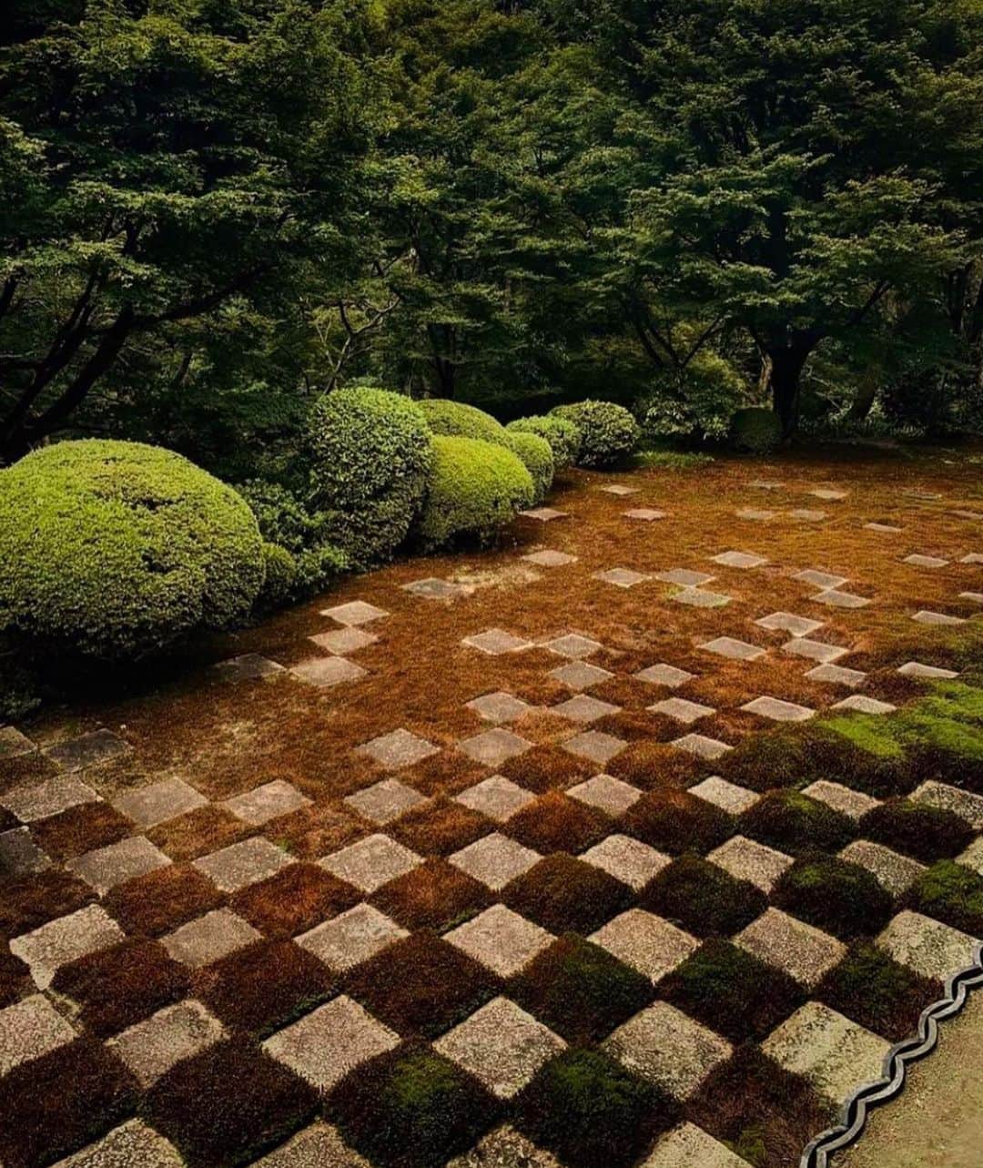 リエのインスタグラム：「Today’s inspiration.  Moss garden at Tōfuku-ji Temple in Kyoto by Mirei Shigemori, 1939.  Shigemori was a scholar in painting, traditional tea ceremony and Ikebana before practicing garden design.  #mireishigemori #checkerboard #mossgarden #japanesegarden #gardeninspiration #kyoto #elledecor #tmag #rhié」