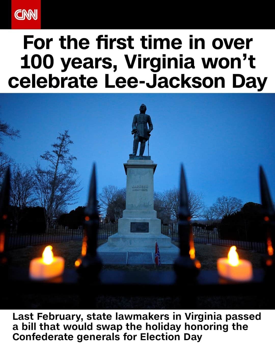CNNさんのインスタグラム写真 - (CNNInstagram)「For the first time in more than 100 years, Lee-Jackson Day will not officially be celebrated in Virginia. The holiday, which would have been observed this Friday, celebrated Confederate Gens. Robert E. Lee and Thomas "Stonewall" Jackson as "defenders of causes." The event typically involved Civil War-themed parades, wreath layings and reenactments hosted by Confederate memorial groups.⁠ ⁠ (📸: Jonathan Drake/Reuters)⁠」1月16日 8時01分 - cnn