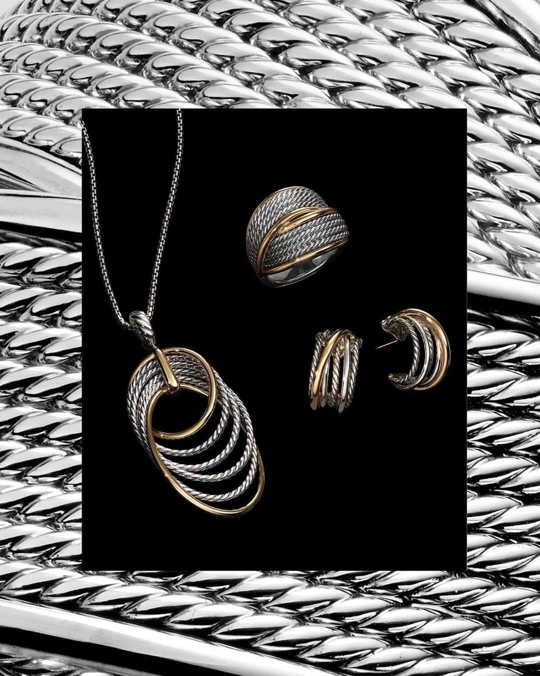 デビッドヤーマンのインスタグラム：「Wearable sculpture. Inspired by the art of origami, rows of 18K gold and sterling silver Cable cross over each other. Tap to shop these DY Origami designs. #DavidYurman」