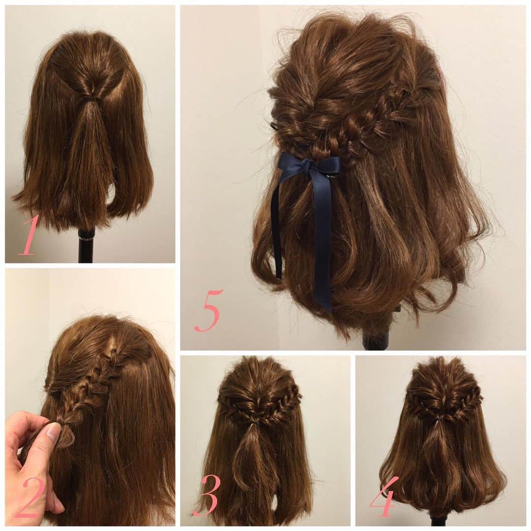 TWiGGY『mizunotoshirou』さんのインスタグラム写真 - (TWiGGY『mizunotoshirou』Instagram)「大人気のハーフアップ画像解説５選✨ ・ 【①ロング】三つ編み×タイトロープ『愛されハーフアップ』 1.表面の髪を三つ編みして途中でゴム留め。 2.横の髪をタイトロープして後ろでゴム留め。 3.2の毛先を1に入れ込みます。 4.毛先を巻いてルーズにほぐせば完成。 ・ 【②ロング】ヘアアクセ不要☆『外国人風ハーフアップ』 1.横の髪の上半分を後ろにねじりながら、左に寄せてくるりんぱ。 2.1の下に横の下の髪を、右に寄せてくるりんぱ。 3.ルーズにほぐして、毛先を巻けば完成。 ・ 【③ロング】編み込みなしでも大丈夫♪編み込み風ハーフアップアレンジ （ゴム4つ、ヘアアクセ: @pluiehair ） ・ 1.表面の髪を右に寄せてゴムでまとめます。 2.横の髪を左に寄せてゴムでまとめます。 3.耳上の髪を右に寄せてゴムでまとめます。 4.耳下の髪を左に寄せてくるりんぱ。 5.全体をラフにほぐします。 ・ 【④ミディアム】大人気の三つ編みハーフアップ♪ ・ 1.表面の髪をくるりんぱ。 2.横のハチの所の髪を三つ編みしてほぐします。角度は斜め後ろで三つ編みします。 3.1のくるりんぱの下に三つ編みをゴムでまとめます。 4.毛先をコテで巻いて、全体をラフにほぐします。 5.ヘアアクセを付けて完成♪ ・ 【⑤ショート・ボブ】ピンなしで簡単ショート・ボブ向けヘアアレンジ♪解説（ショート〜ボブ編） ・ 1.横のを上下2つに分けて、片方の上の髪を斜め後ろに向かってねじります。 2.逆の横の上の髪をとってねじり、逆の耳あたりでくるりんぱ。 3.2をした方の横の下の髪を斜め後ろに向かってねじり、2と同じ。 4.毛先を巻いて、全体をルーズにほぐせば完成。 ・ #プリュイ #price #ポニーテール  #お洒落  #お洒落さんと繋がりたい  #アレンジ #ハーフアップ #アレンジヘア #スタイリング #簡単アレンジ #セルフアレンジ #hairarrange #ヘアアレンジ  #ヘアセット #くるりんぱ #ヘアアレンジ動画  #アレンジ動画 #簡単 #やり方 #四国 #ehime #松山 #愛媛 #愛媛県松山市  #松山市 #松山市美容室  #松山市ヘアアレンジ　 #ミズノ流アレンジ」1月16日 22時30分 - mizunotoshirou