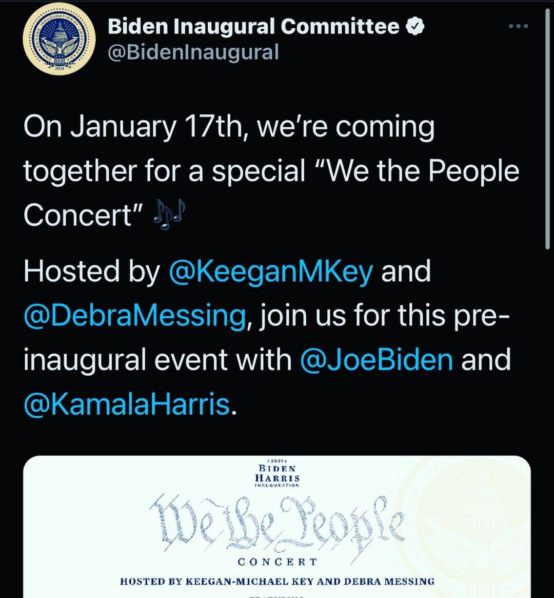 デブラ・メッシングさんのインスタグラム写真 - (デブラ・メッシングInstagram)「I am so honored to be co-hosting, with the amazing @keeganmichaelkey, the “We The People” Inauguration Concert Sunday 8PM EST. Go to my STORIES for a swipe up link get tickets!   Come and watch @iamwill , @benharper @carolking, @sophiabush @conniebritton @falloutboy @jamestaylor_com @kalpenn @jaimecamil @ajrbrothers #michaelbivins  spread their music and gratitude to all those who helped bring in the BIDEN-HARRIS Administration!🎉🎉🎉🎉  This has been a brutal few weeks. So much violence, fear and grief. We must take a moment to come together and rejoice this moment, and the Hope that is reborn in so many of us. It has been a long road, but we get to begin again. 🎉  #inauguration #biden #joebiden #kamalaharris #kamala #celebration」1月16日 15時53分 - therealdebramessing