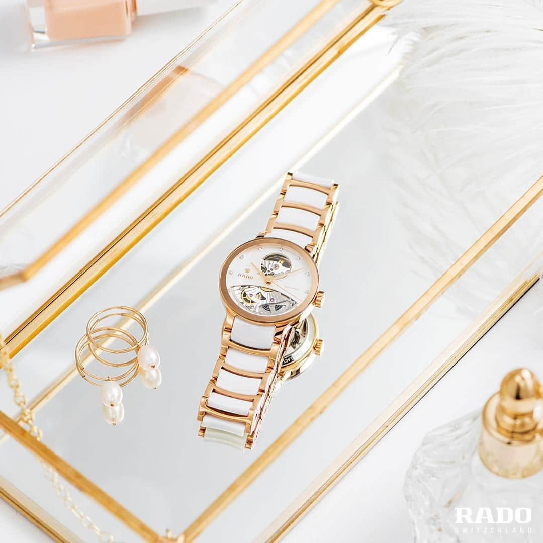 ラドーのインスタグラム：「Beauty comes from within and it’s no different with our Rado Centrix Open Heart. The mother of pearl makes way to reveal its inner beaty. #RadoCentrix #Feelit」