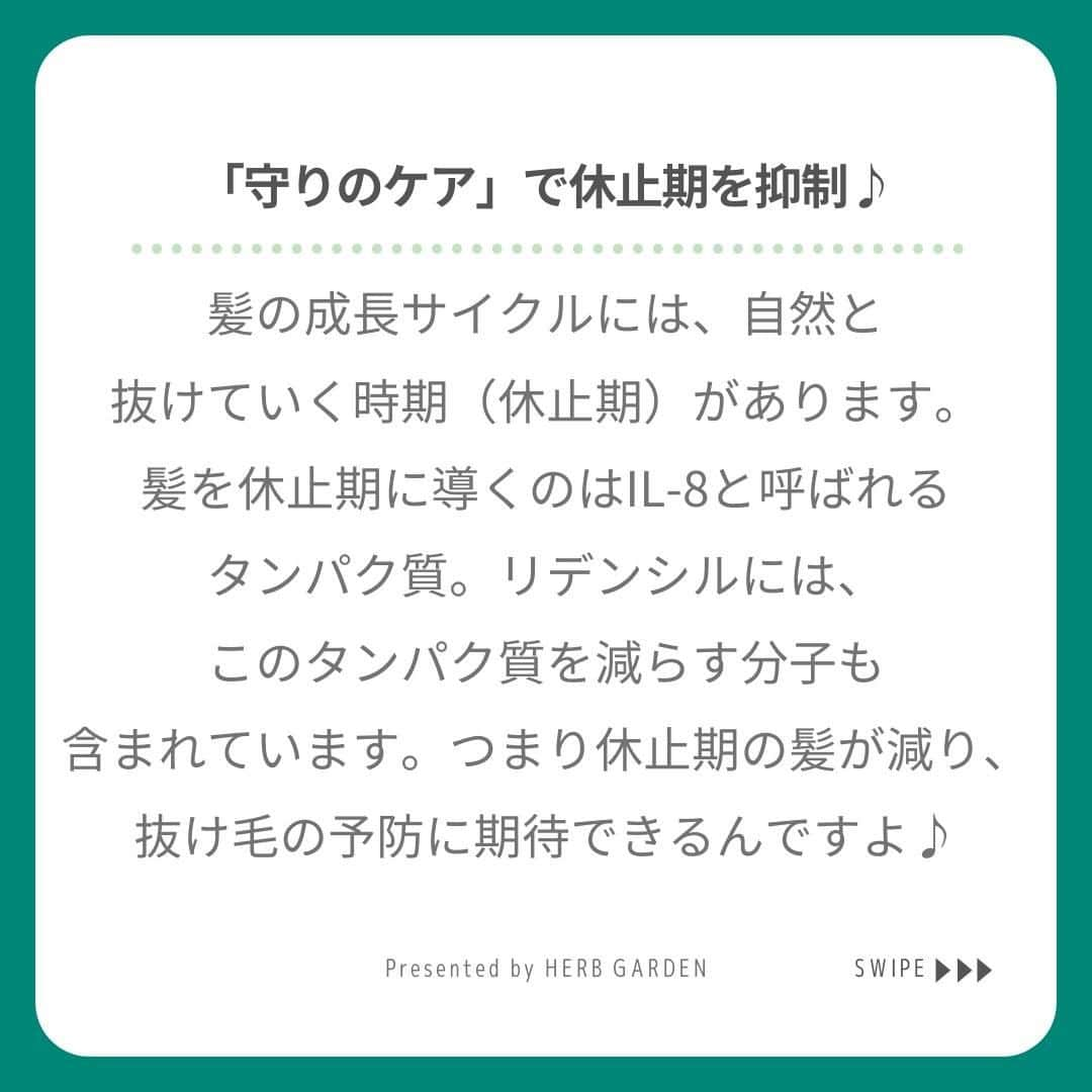 ハーブガーデン（さくらの森）公式さんのインスタグラム写真 - (ハーブガーデン（さくらの森）公式Instagram)「＼髪ボリュームの悩みにはスカプルエッセンス。「リデンシル」で攻めと守りのWケア！／ . ハーブガーデンのスカルプエッセンスは もう試しましたか？ 「髪が細くなってきた」 「ボリュームがピンチ」 「朝起きると枕に抜け毛が…」 . そんなお悩みがあるなら、 スカルプエッセンスでケアするのがおすすめです♪ . なぜなら発毛をサポートし、 抜け毛を予防する「リデンシル」が配合されているから。 . リデンシルの詳しい説明や効果は スワイプで確認してくださいね。 . 髪は早めのケアが大切！ 少しでも髪のボリュームが気になるなら 早速ケアを取り入れましょう。 . （@herbgarden_organic） ====================== 【植物の力で美しさを取り戻す。美容やライフスタイル情報を発信中】 ・季節に合わせたスキンケア ・肌にいいボタニカルな食べ物 ・あなたにあったコスメの選び方 ・今人気の美容方法　など  #ハーブガーデンシャンプー をつけて投稿すると、 お写真を紹介させていただくことも。  #シャンプー #ヘアケア #エイジングケア #スカルプエッセンス #リピートコスメ #ノンシリコン #モテ髪 #髪質改善トリートメント #美容好きな人と繋がりたい #美髪シャンプー #ボタニカルシャンプー #洗い流さないトリートメント #うるつや髪 #ツヤ髪 #おすすめコスメ #シャンプーマニア #艶髪トリートメント #美髪ケア #instagood #頭皮ケア #保湿ケア #乾燥ケア #抜け毛予防 #セルフケア #美容マニア #ヘアパック #ボリュームアップ」1月16日 20時01分 - herbanience_official