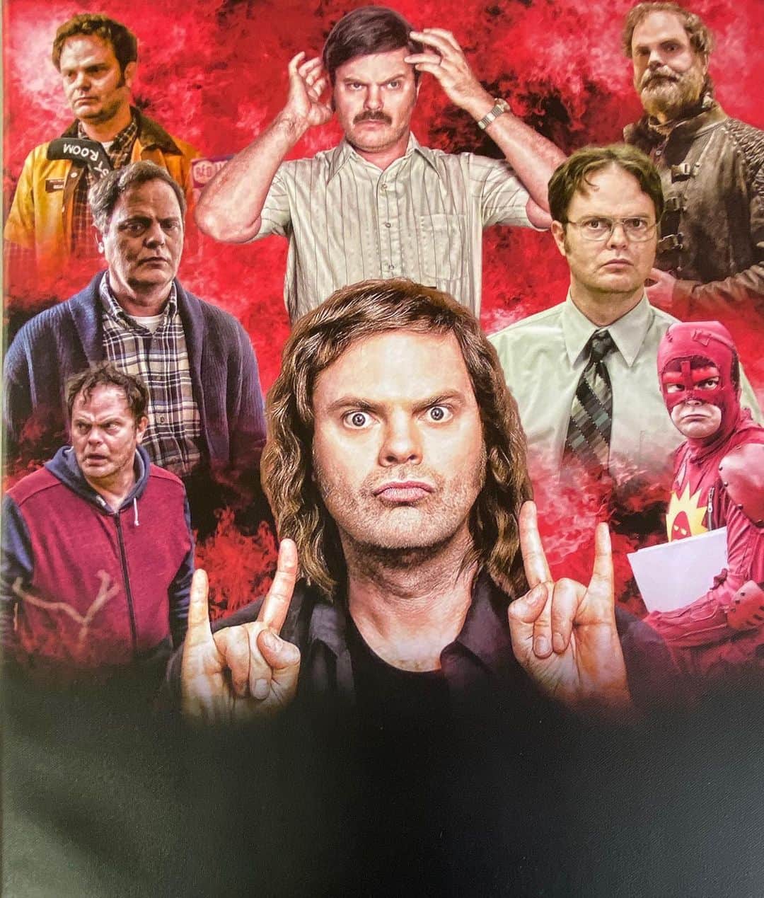 レイン・ウィルソンのインスタグラム：「A super-fan made this collage of my many roles for me to sign. I know it’s kind of narcissistic but this mash-up made me soooo happy! What a strange menagerie! I would like this as a hologram on my tombstone! Doable?」
