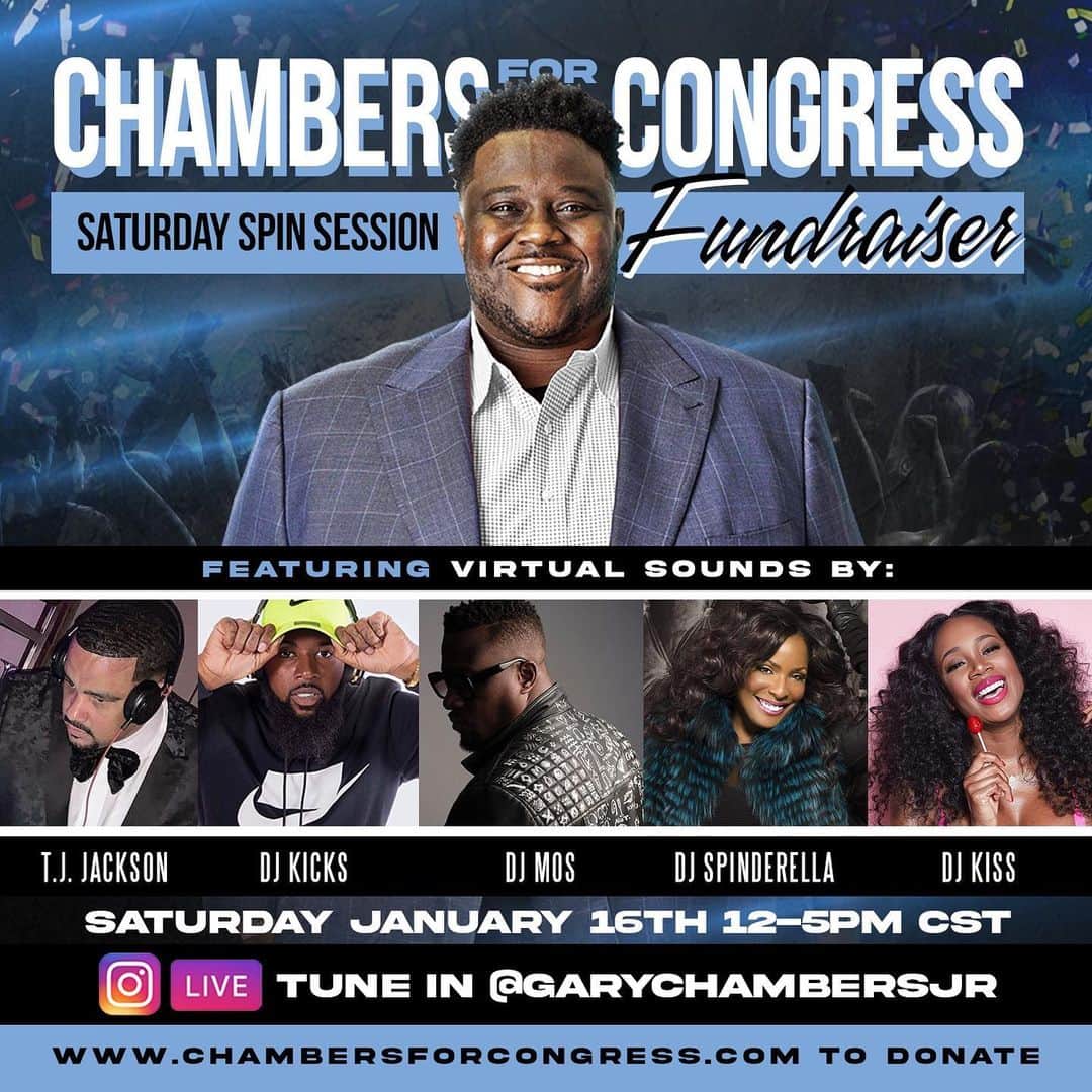 Kissのインスタグラム：「Good morning!! We are LIVE right now on @garychambersjr IG spinning some good Sat music and raising money to help send Gary to Congress!! Five DJs including the legendary @djspinderella, @djmos, @dj_kicks, @terraljacksonjr and moi are all doing hour sets from 1-6pm ET/10a-3p PT!! Tune In!!」