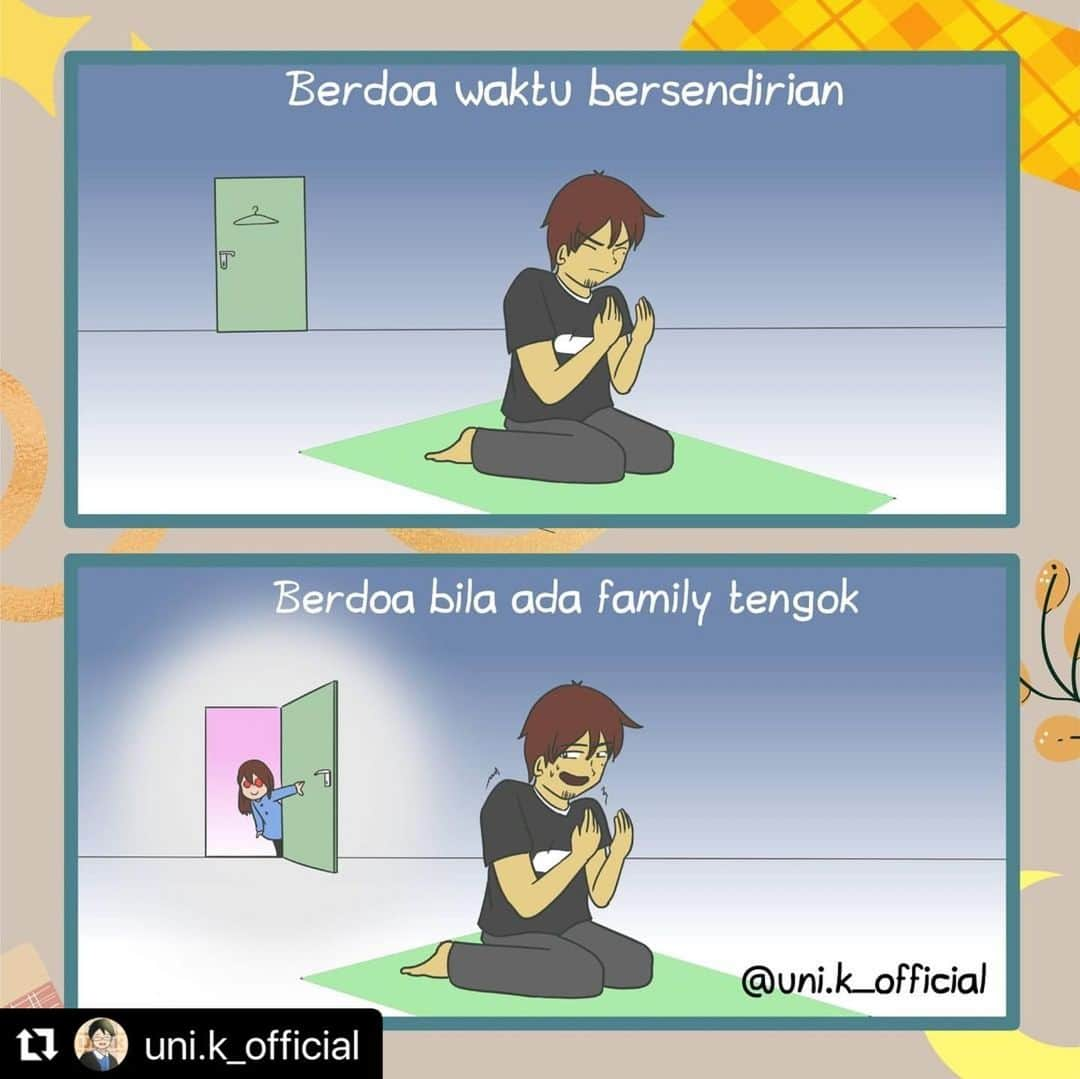 Koleksi Komik Malaysiaさんのインスタグラム写真 - (Koleksi Komik MalaysiaInstagram)「#Repost @uni.k_official with @make_repost ・・・ Ada satu saat bila Allah jentik hati kita untuk dekat kepadaNya. Kita rasa sayu dan khusyuk untuk melakukan ibadah, termasuk berdoa. . Kita berdoa sorang2 rasa khusyuk. Tapi bila nak berdoa depan keluarga rasa janggal dan malu kalau kita tak pernah buat. . yer lah, kita yang sebelum ni bukannya baik sangat. Tiba2 je, macam buang tebiat pulak kan. . Takpe, teruskan sehingga kita terbiasa, dalam masa yang sama dapat bagi dakwah indirect kepada ahli keluarga. . . #komikmalaysia #komik #gengkomik #koleksikomikmalaysia #malaysia #komiklokal  #lawak #komikdakwah #kartun #komikmontaj #art  #kartunmalaysia #komikstrip #komiklawak #komiklucu #gengkomikmalaysia  #comic #komikstrip #komikdakwah #komikmuslim #nakpesan #komiktarbiah  #usrah #komikinajah #komikharian #komikinstagram #instakomik #lukisandakwah #unikmeme」1月17日 10時40分 - tokkmungg_exclusive