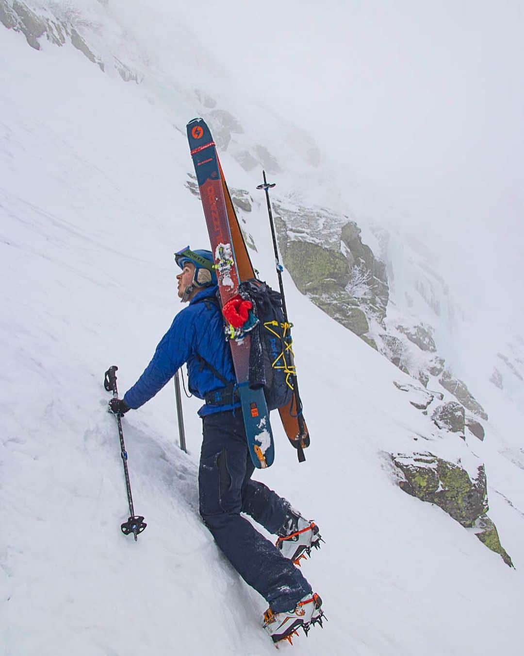 Tim Lamanのインスタグラム：「Photos by @TimLaman.  Early season recon mission this week to Tuckerman’s ravine with my son @RussLaman.  Long way to go for the whole face to fill in and be skiable – still lots of ice flows and cliffs, but we climbed as far as we could up Center Wall and skied down as the fog came in.  Always great to get up into the mountains! #WhiteMountains #NewHampshire  #MountWashington #TuckermansRavine #BackcountrySkiing #skiing」