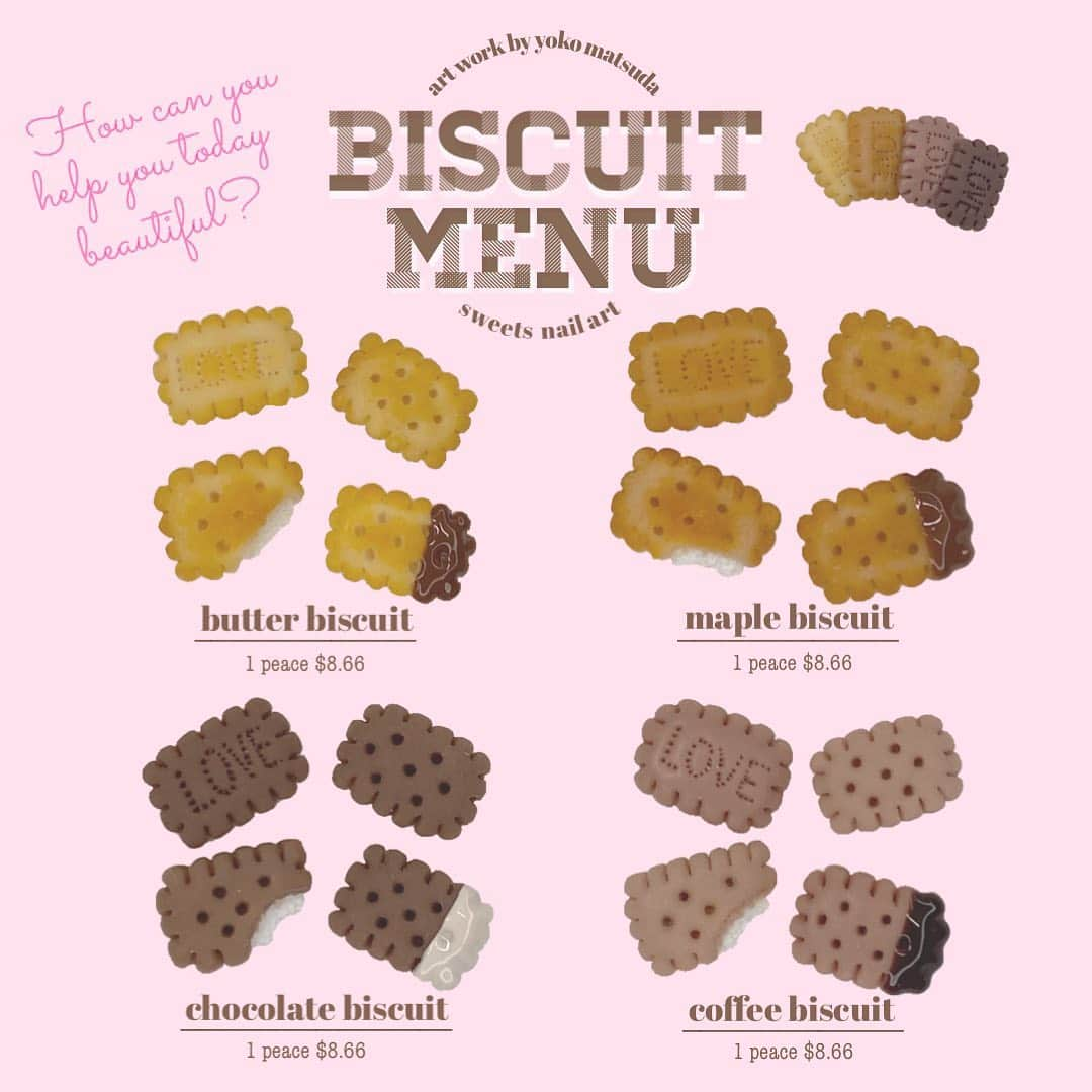 松田ようこのインスタグラム：「. . . ♡biscuit  nails♡  ストーリーでしかアップしていなかった スイーツネイル  せっかくだから 可愛くメニュータイプにしてみました  先ずはビスケットネイルパーツから 型ではなく全てフリーハンドで 仕上げています  焼き色も丁寧に着色して サクサクのビスケットを作りました  お客様が選ぶ楽しさを 味わってもらえるように デザインも4パターン フレーバーも4パターン用意しました  サイズ感が伝わらないと思いますが 5mm前後のナノサイズ♡  いつもならネイルチップで終わりの サンプルチップも たまにはこうしてパーツだけで 可愛いくデザインしてみるのも 楽しいかなぁ？と思ってやってみました  きっかけは先日のDMで 『コロナ禍だからこそ可愛い画像見て癒されたいです』 ってメッセージでした  イベントもなく 実物を見ていただくこともできないので 画像をみるだけでも楽しんでもらえたらな と思ったんです  また思わず保存したくなるような 愛らしい画像になるように  ビスケットは他にもバージョンがあるので 日替わりでご紹介していきたいと思います サンプルチップもあります♡  #sweetsnails #sweetstagram  #biscuitnails #スイーツネイル #ビスケットネイル #cafelovable #yokomatsuda #松田ようこ #美甲 #3dnails #3dnaildesign」