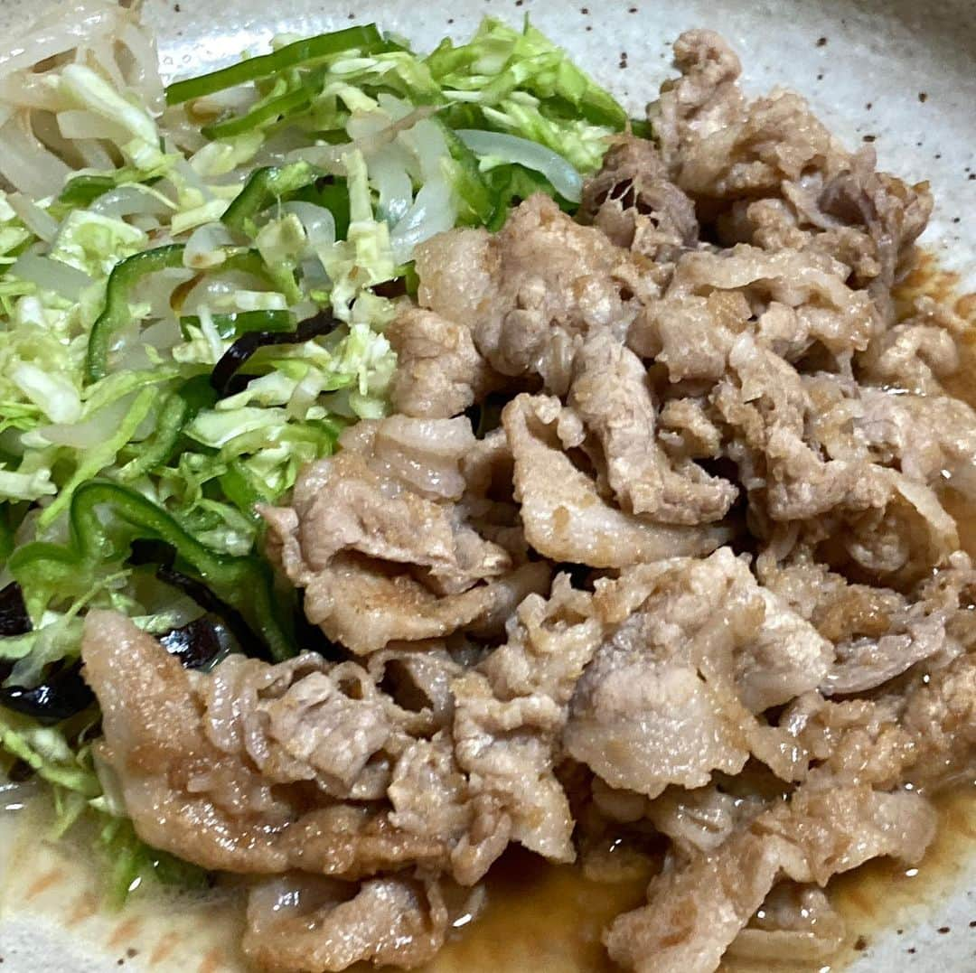 柳家さん生さんのインスタグラム写真 - (柳家さん生Instagram)「1/17晩ご飯だぁ〜 豚ばら生姜焼き もやし炒め ピーマンキャベツ塩昆布もみ サラダスパ 高野豆腐と大根の味噌汁 玄米ご飯🍚」1月17日 18時44分 - waraiguma1957