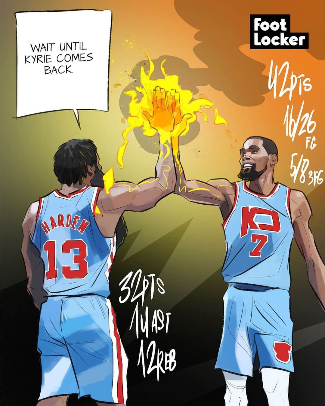 Foot Lockerのインスタグラム：「Harden & KD went off in their 1st game together 🔥  Are the Nets a lock to make it to the finals?   🎨 by @karmoruu」