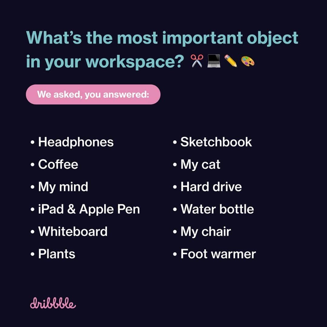 Dribbbleさんのインスタグラム写真 - (DribbbleInstagram)「Hey, Dribbblers! Remember when we asked you what the most important object in your workspace is? Well, here were some of your most popular responses. What else do you think is missing? 🤔⠀ ⠀ Let us know in the comments! ⠀ ⠀ #dribbble #design #designer #wfh #workspace #graphicdesigner #illustrator #productdesigner #uxdesigner #uidesigner #dribbblers」1月17日 22時39分 - dribbble