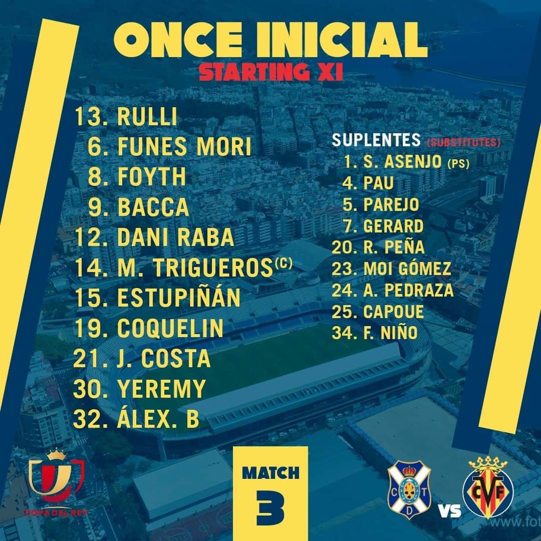 ビジャレアルCFのインスタグラム：「¡Y aquí están los once groguets que saltarán al Heliodoro Rodríguez López frente al @cdtoficial 💪🔥!  ¡Esta es la alineación del #Villarreal para medirse al conjunto chicharrero (18.00h, en directo por @dazn_es)! . Here are the 11 players that will take to the pitch at Heliodoro Rodríguez López against @cdtoficial 💪🔥! . Here is #Villarreal’s lineup to face the side from Tenerife (6 CET, live on FreeSports in the UK)! . #CopaDelRey #Villarreal #futbol #football #soccer」