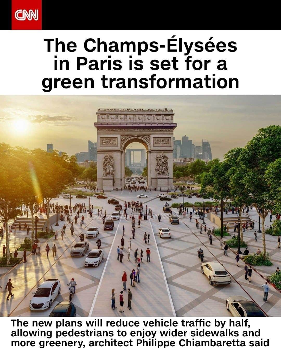 CNNさんのインスタグラム写真 - (CNNInstagram)「The Champs-Élysées is set for a renovation that will transform the iconic Parisian street into a green, pedestrian-friendly space after Mayor Anne Hidalgo gave the go-ahead. The new plans will reduce vehicle traffic by half allowing pedestrians to enjoy wider sidewalks and more greenery, according to architect Philippe Chiambaretta and his agency, PCA-STREAM. The Champs-Élysées committee said the avenue has “lost its splendor” and has been “progressively abandoned by Parisians.''   (📸: PCA-Stream)」1月18日 4時00分 - cnn