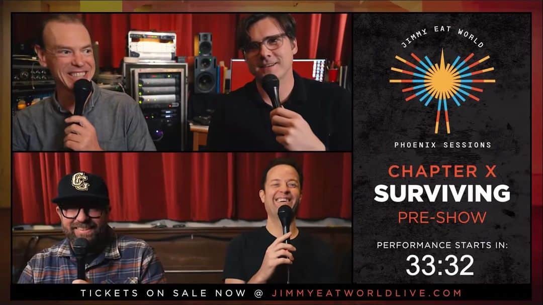 Jimmy Eat Worldのインスタグラム：「If you missed the Chapter X - Surviving premiere, you can still catch the pre-show on our YouTube channel; link in bio.   Our first full album performance of #Surviving is available until Monday, Jan. 18th at 11:59am EST so get your views in now! jimmyeatworldlive.com   #phoenixsessions」