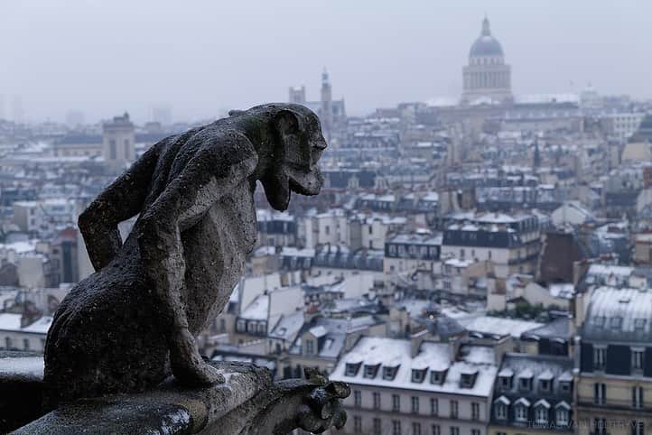 National Geographic Creativeさんのインスタグラム写真 - (National Geographic CreativeInstagram)「Photo by Tomas van Houtryve @tomasvh / Chimera statues gaze down on freshly fallen snow in Paris on Saturday from the Notre-Dame cathedral. The gallery of Chimeras was added to the cathedral in the mid-19th century by architect Eugène Violet-le-Duc.   . . .  Follow @tomasvh and the public institution in charge of reconstruction, @rebatirnotredamedeparis for more on Notre-Dame.   . . . #notredame #paris #notredamedeparis #neigeaparis #chimère #gargoyle」1月18日 6時34分 - natgeointhefield