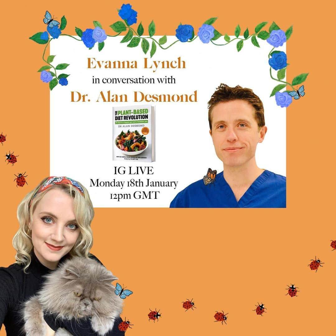 イヴァナ・リンチのインスタグラム：「Class in session tomorrow at 12pm GMT!! I’ll be speaking to the wonderful @dr.alandesmond about his new book The Plant-Based Diet Revolution. 📙  Dr.Alan Desmond is a plant-based gastroenterologist who leads a clinic in South Devon. He specialises in gut health and advises a plant based approach to healing many chronic digestive disorders. He is also from Ireland! 🇮🇪💚 I’m very excited to chat with him and will post the conversation on my feed for anyone who can’t make it. Please share any questions you have for him in the comments and I’ll do my best to incorporate them.   Artwork by @louiseandrolia 🧡  #PlantBasedDietRevolution #PlantBasedHealth」