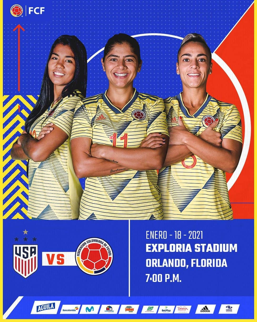 サッカー コロンビア代表チームのインスタグラム：「¡Llegó el día, juega nuestra Selección Colombia Femenina! 💛💛💙❤️  🇨🇴🆚 🇺🇸 @uswnt  🏟️Exploria Stadium, Orlando 📅18 de enero de 2021 ⏱ 7:00 p.m. 📺 @golcaracol  HD2  #VamosColombia 🇨🇴」