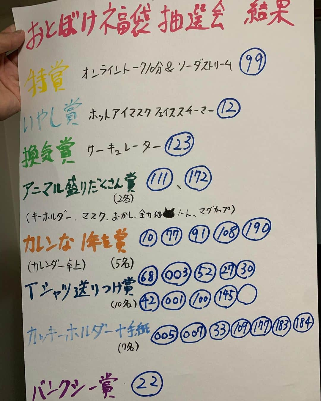 新垣勇人さんのインスタグラム写真 - (新垣勇人Instagram)「スマイルKAK I袋の抽選会結果です！ 当選者の方は公式ラインに①抽選番号の写メ、②フルネーム、③郵送先ご住所、④商品名を送ってください✨ #福袋 #結果発表〜 #手作り感漫才 #バンクシー賞ってなに」1月18日 21時45分 - hayato.arakaki28