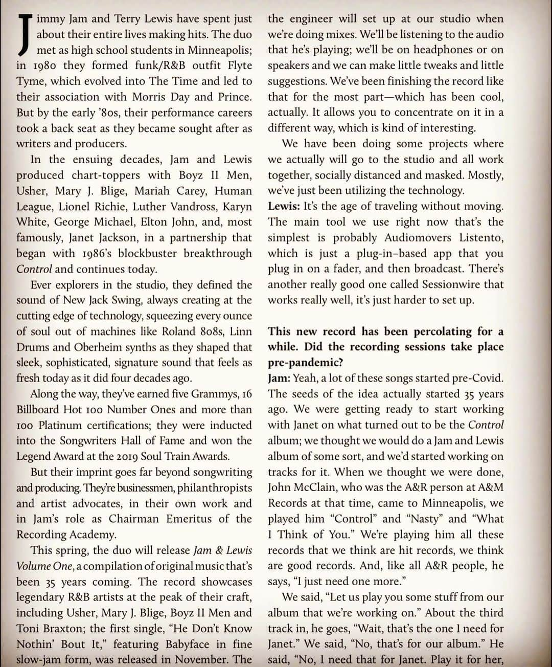 ジミー・ジャムさんのインスタグラム写真 - (ジミー・ジャムInstagram)「A few years ago when we were honored to be inducted into the Songwriters Hall Of Fame people asked us what we hadn’t done yet and we said “we never got around to doing our own album”. 2021 will hopefully be the year we will 🙏🏾. Thanks to Mix Magazine for the love. You’ve followed us on this journey for awhile and we appreciate the support. Be safe everyone 😷. Photo by @dnice 📷 #flytetyme #mixmagazine #hdknbi #namm #jamandlewisvol1 🎹🎸🎤🎧」1月18日 13時31分 - flytetymejam