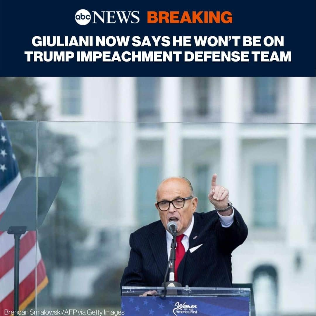 ABC Newsさんのインスタグラム写真 - (ABC NewsInstagram)「Rudy Giuliani tells ABC News’ @jonkarl he will not be part of Pres. Trump's legal team for the upcoming Senate impeachment trial.⁠ ⁠ “Because I gave an earlier speech [at the January 6 Trump rally before the Capitol riot],” Giuliani told ABC News on Sunday night, “I am a witness and therefore unable to participate in court or Senate chamber.”⁠ ⁠ Read more at link in bio.」1月18日 13時56分 - abcnews