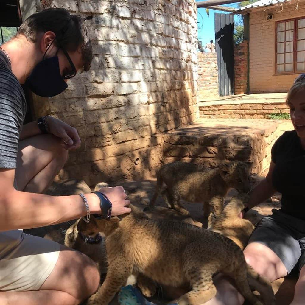 クリストフ・ルメートルのインスタグラム：「Hier, on a profité de notre après midi de repos pour aller à la réserve des tigres et des lions. On a pu voir de jeunes lionceaux et tigres mais aussi des très gros, des jaguars et léopards. En prime, on a pu voir une girafe lors du trajet du retour 😁 #lion #tigre #leopard #jaguar #lionceau #reserve #visite」