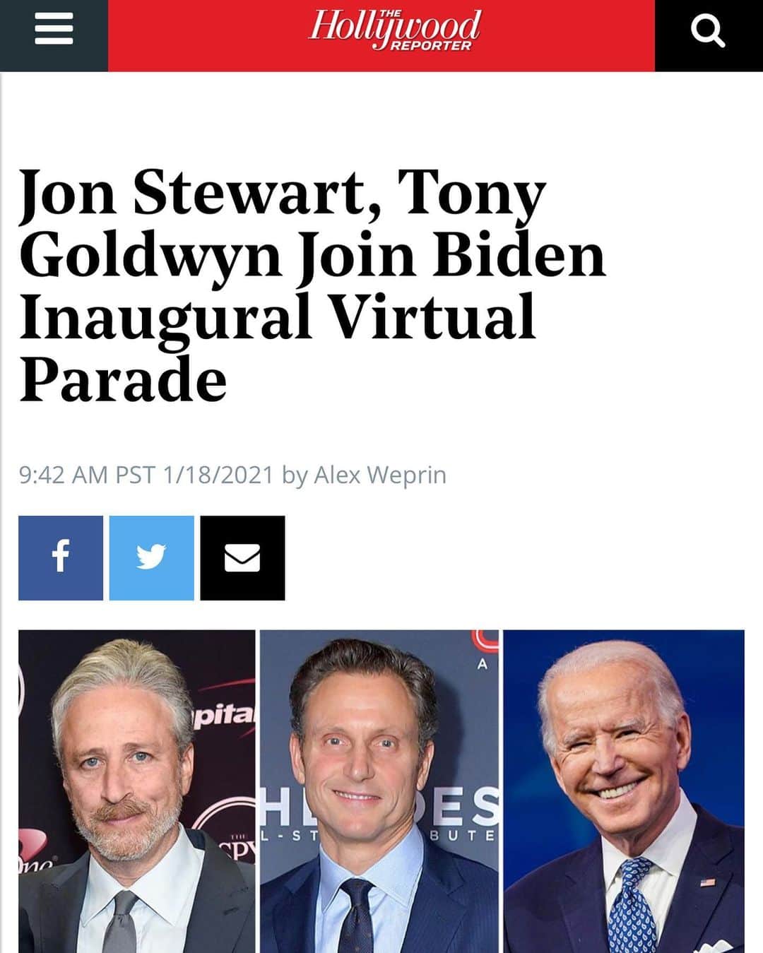 のインスタグラム：「So honored to be hosting the Inaugural Parade on Wednesday! @bideninaugural @joebiden @kamalaharris #americaunited」