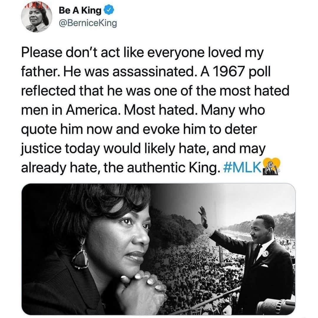 ミシェル・フォーブスのインスタグラム：「The US govt and every institution wanted this man dead for even suggesting  racial equality and economic justice. To watch his words be twisted into benevolent catchphrases by the very ppl who would still want him dead today can be infuriating. For me, this day always feels a bit heavy. For although there has been some progress (this year alone we elected two exceptional progressives @coribush & @jamaalbowmanny into congress)...America is still a country whose driving engine is white supremacy...with all the evil, dehumanization, chokehold power and unaccountability that goes with it.   #martinlutherking #mlkday #blm  #Repost @soapboxstand ・・・ And so even though we face the difficulties of today and tomorrow, I still have a dream. It is a dream deeply rooted in the American dream. I have a dream that one day this nation will rise up and live out the true meaning of its creed: "We hold these truths to be self-evident, that all men are created equal."  I have a dream that one day on the red hills of Georgia, the sons of former slaves and the sons of former slave owners will be able to sit down together at the table of brotherhood.  I have a dream that one day even the state of Mississippi, a state sweltering with the heat of injustice, sweltering with the heat of oppression, will be transformed into an oasis of freedom and justice.  I have a dream that my four little children will one day live in a nation where they will not be judged by the color of their skin but by the content of their character.  I have a dream today!  I have a dream that one day, down in Alabama, with its vicious racists, with its governor having his lips dripping with the words of 'interposition' and 'nullification,' one day right there in Alabama little Black boys and Black girls will be able to join hands with little white boys and white girls as sisters and brothers. . . ————————————————— FOLLOW - @soapboxstand 🙋‍♀️🙌🗣️ ————————————————— . . #soapboxstand #soapbox」