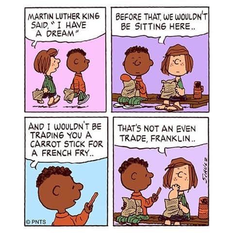 スヌーピーのインスタグラム：「Honoring Martin Luther King with Franklin and Peppermint Patty.」