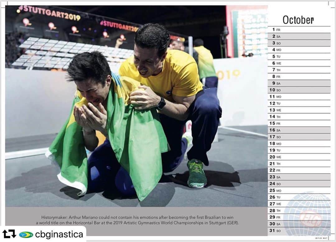 アルトゥール・オヤカワ・マリアノのインスタグラム：「#repost @cbginastica ・・・ Que honra! 🤩 A @figymnastics lançou seu calendário oficial de 2021 e vejam só quem estampa uma das páginas! Nossa dupla de ouro @arthurnory e @cris_gym_coach durante a conquista da medalha de ouro 🥇 na barra fixa durante o Mundial de Stuttgart 🇩🇪🔙 Detalhe: Nossos brasileiros representam o mês de outubro, justamente o mês da conquista mundial, que rolou em 13/10/2019. Ô saudade! 💙 . #Caixa #CaixaEsportes」