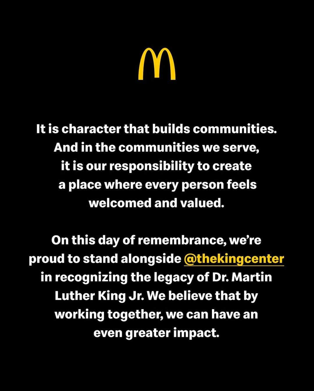 マクドナルドさんのインスタグラム写真 - (マクドナルドInstagram)「Join us as we celebrate Dr. King’s legacy with @thekingcenter this #martinlutherkingjrday2021」1月19日 0時00分 - mcdonalds