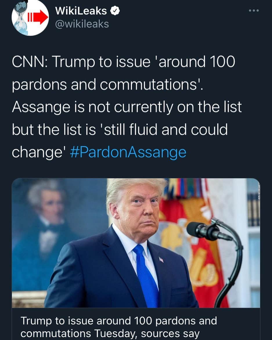 WikiLeaksさんのインスタグラム写真 - (WikiLeaksInstagram)「CNN: Trump to issue 'around 100 pardons and commutations'. Assange is not currently on the list but the list is 'still fluid and could change' #PardonAssange」1月19日 1時54分 - wikileaks