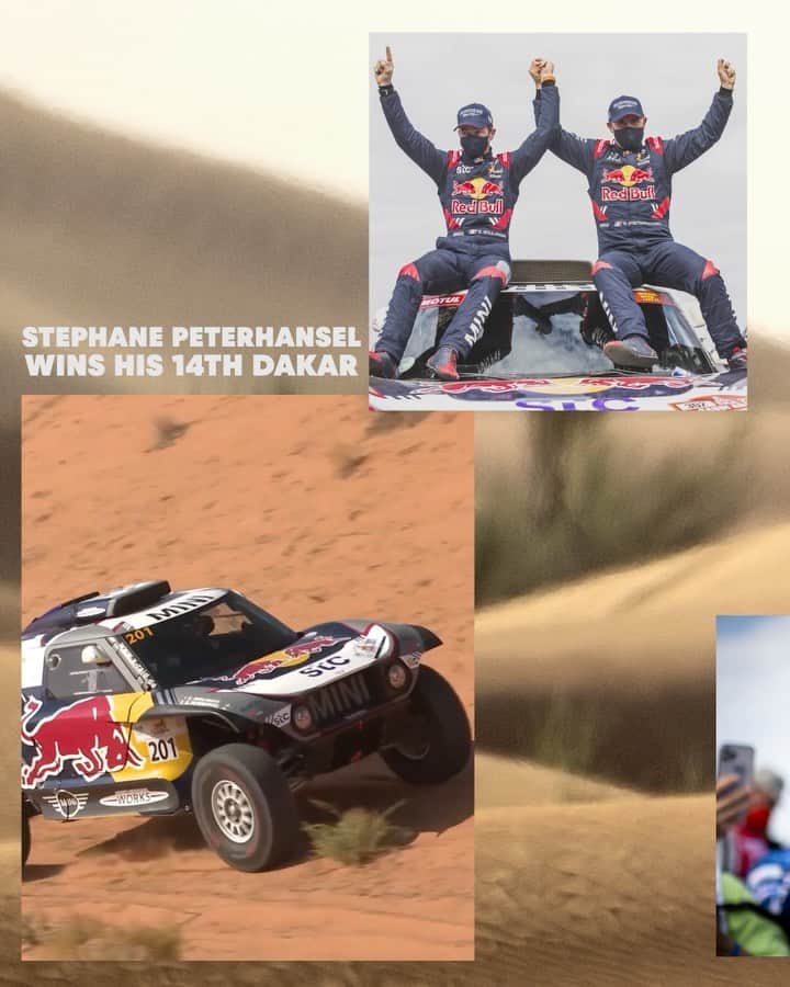 レッドブルのインスタグラム：「and that is a 🏜WRAP🏜  the 2021 Dakar Rally has officially come to a close and what an *insane* couple of weeks it has been for all those that participated 👏 massive kudos to all our riders who smashed it out in Saudi Arabia, and special shoutout to these warriors 👇   🏆 @s.peterhansel won his 14th Dakar  🙌 @laiasanz_85 completed her 11th Dakar in a row 🚚 @dmitry__sotnikov takes 1st place in the truck category  🥇 @franciscochalecolopez takes 1st in light-weight vehicle 🥉 @sundersam came 3rd in the bike category  💪 @sethquintero_103 becomes the youngest ever stage winner   #redbull #givesyouwiiings #dakar #dakarrally #rally #saudiarabia」