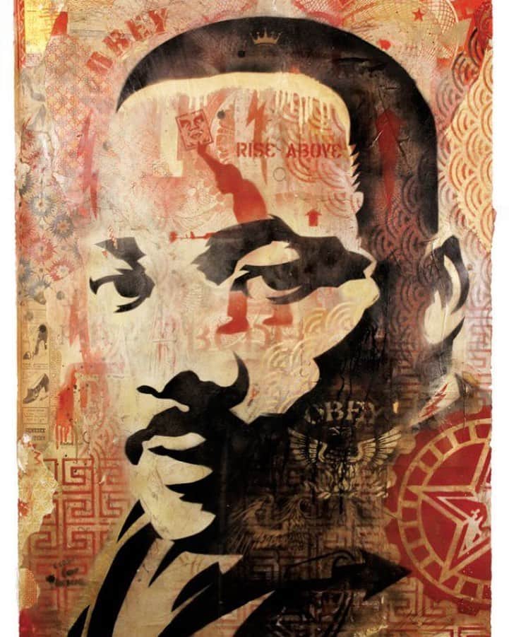 Homepolishのインスタグラム：「“Faith is taking the first step, even when you don’t see the whole staircase.” Dr. Martin Luther King, Jr.   Portrait by @obeygiant, stencil collage on paper, 2007.」