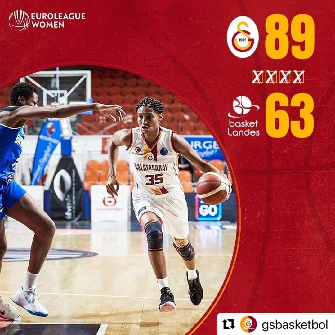 ガラタサライSKさんのインスタグラム写真 - (ガラタサライSKInstagram)「EuroLeague Women D grubunda ilk galibiyetimizi farklı alıyoruz! 🔥💪🏻  Maç sonucu  Galatasaray 89 - 63 Basket Landes  Tebrikler #SarayınSultanları! 🟡🔴👑  #GSvLAN」1月19日 2時39分 - galatasaray