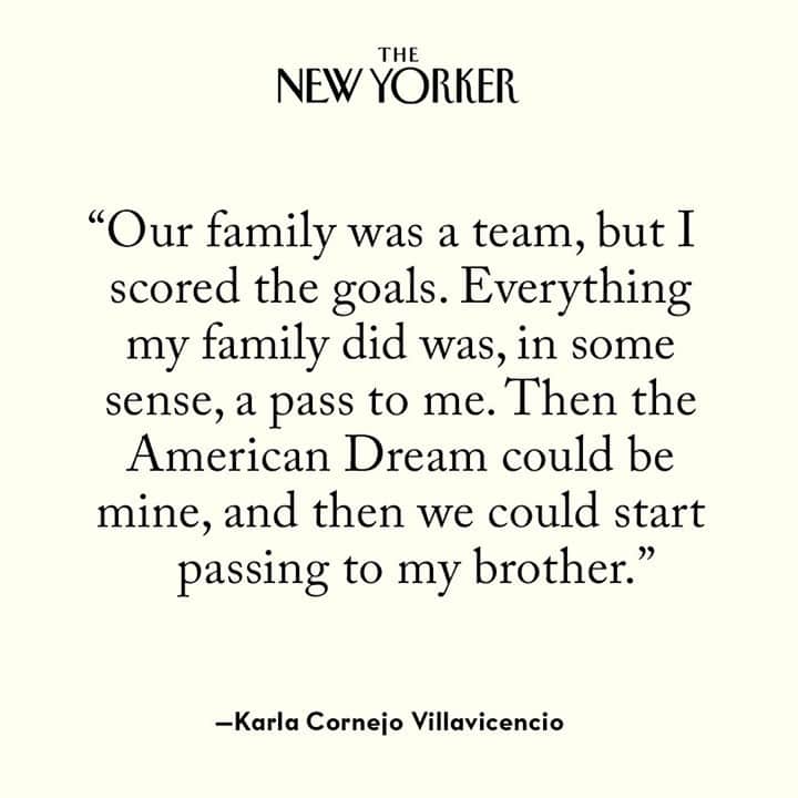 The New Yorkerさんのインスタグラム写真 - (The New YorkerInstagram)「@kcornv’s father often used a soccer metaphor to describe her family’s journey in America. “That’s how my dad explained his limp every night, his feet blistered from speed-running deliveries,” she writes. “It’s why we sometimes didn’t have money for electricity or shampoo. Those were fouls. Sometimes my parents did tricky things to survive that you’ll never know about. Those were nutmegs.” At the link in our bio, read Villavicencio’s Personal History about growing up undocumented, and the complicated mixture of gratitude and guilt that comes with being the child of immigrants.」1月19日 3時10分 - newyorkermag