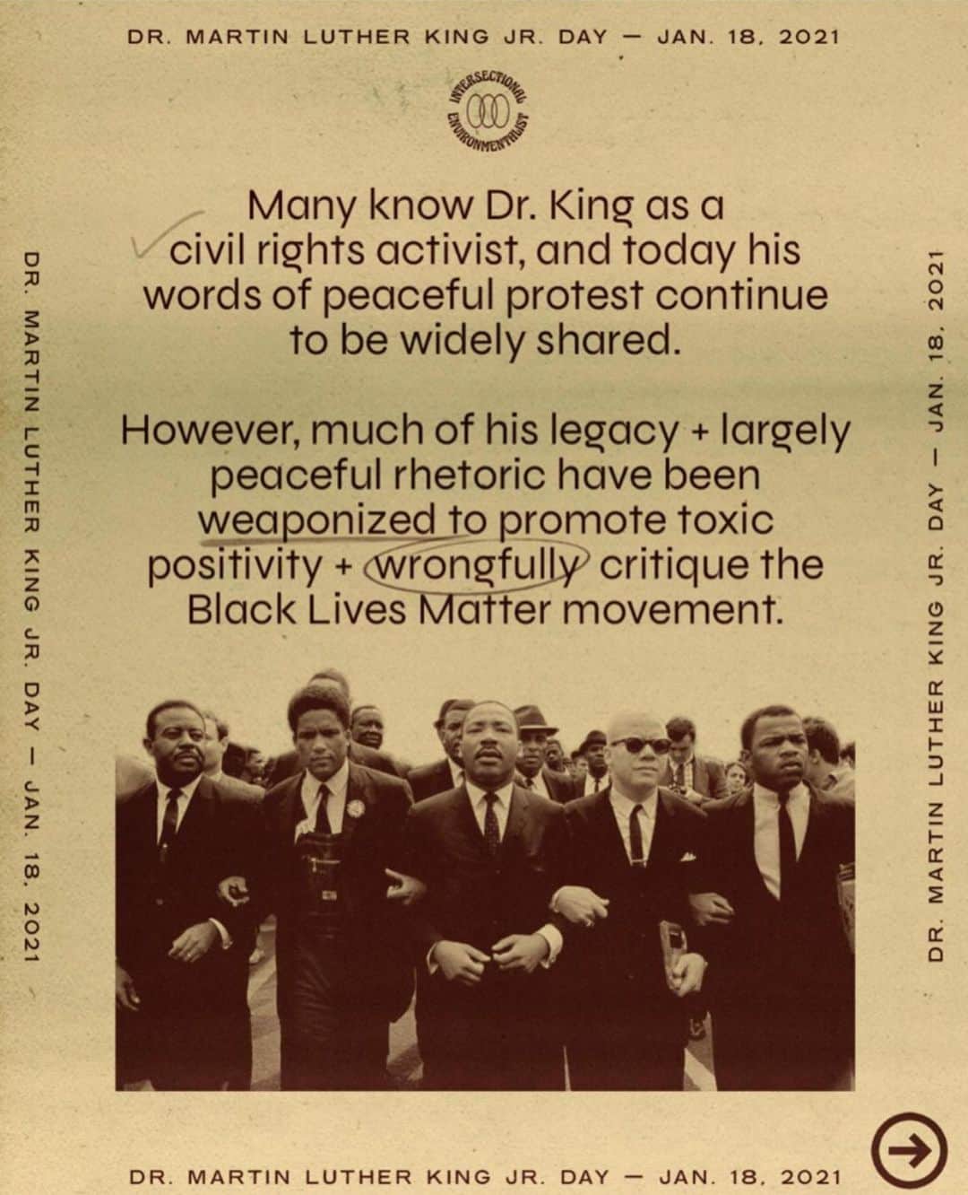 サラ・ジーン・アンダーウッドさんのインスタグラム写真 - (サラ・ジーン・アンダーウッドInstagram)「Via @intersectionalenvironmentalist As we reflect on MLK’s legacy, let’s not forget that his profound impact has been watered down, used to police “unacceptable” forms of protest, and uphold narratives that support oppressive systems. Honor his legacy by telling relevant, revelatory, revolutionary truths.  ✏️ Graphics by @eileenjawn 🔎 Research by @dnaetheehistorian @lexiiimh @greengirlleah」1月19日 3時33分 - saraunderwood
