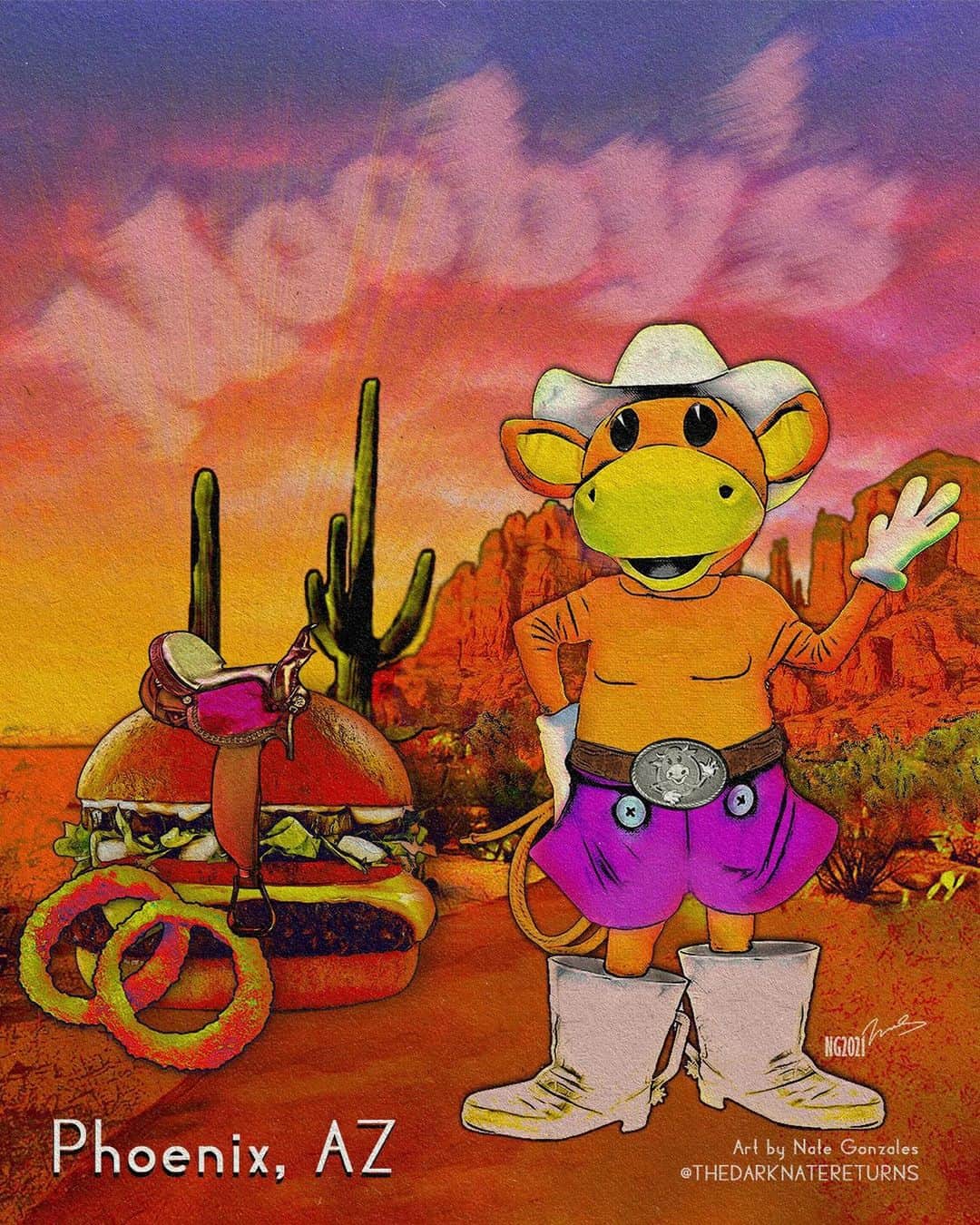 ケヴィン・スミスのインスタグラム：「ARIZONA! The @moobyspopup moooves into @thevanburenphx in #phoenix from FEBRUARY 5th to the 14th! Spend #valentinesday with a CockSmoker and celebrate your love with Hater Totz! Tickets go on sale Wednesday at 10am MT at Mooby’s Pop Up dot com (link in my bio)! Enjoy our safe, socially distanced Mooby’s experience when you pick up your Cow Tipper (or enjoy it outside under the sun with limited patio seating)! And wash it down with an Udderly Delicious Pale Ale, made by local partners @fourpeaksbrew! Phoenix is close enough to drive to, so I’m hoping to be there for the grand opening on the 5th! In the meantime, reserve your slots starting Wednesday morning! (Awesome Arizona Art by @thedarknatereturns!) #KevinSmith #arizona #moobyspopup #moobys #thevanburenphx #fourpeaksbrew」