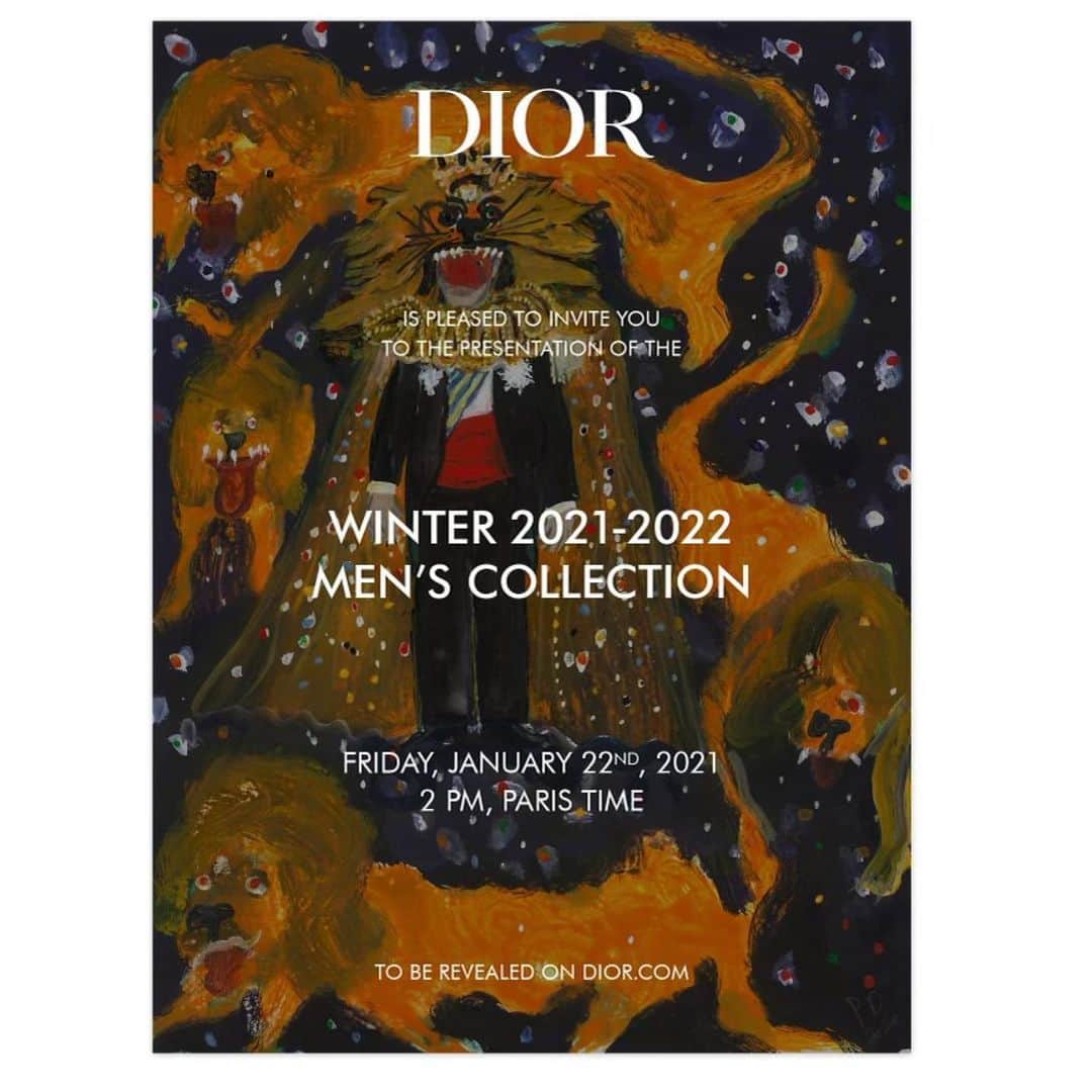 キム・ジョーンズのインスタグラム：「4 days until we present the men’s winter @dior collection with the wonderful @peterdoig a great artist and a great man! The invitation is a painting of Christian Dior in an outfit designed and made by Pierre Cardin for a masked ball 1949」