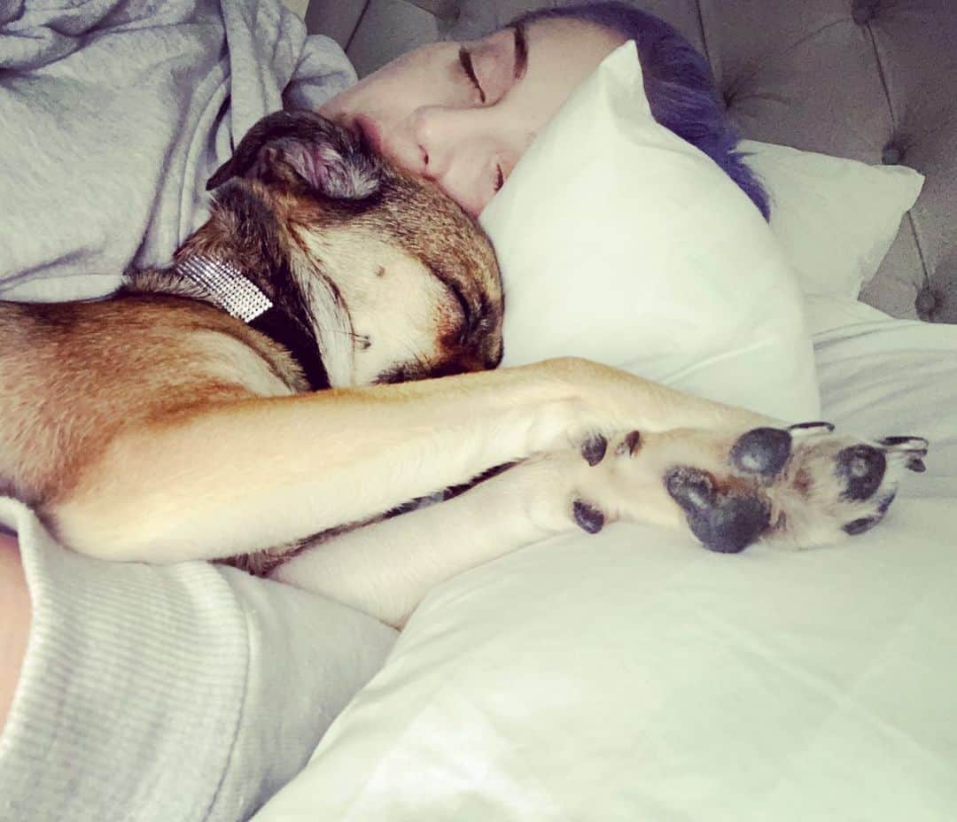 ケリー・オズボーンのインスタグラム：「Today the light of my life #Oat turned 1!!!!! This dog saved my life in so many ways. I could not have gotten through 2020 without her she literally saved my life. This is how we sleep every night. I will never be able to thank @wagsandwalks enough for connecting me with my soulmate. #FosterFail 💜💜💜」