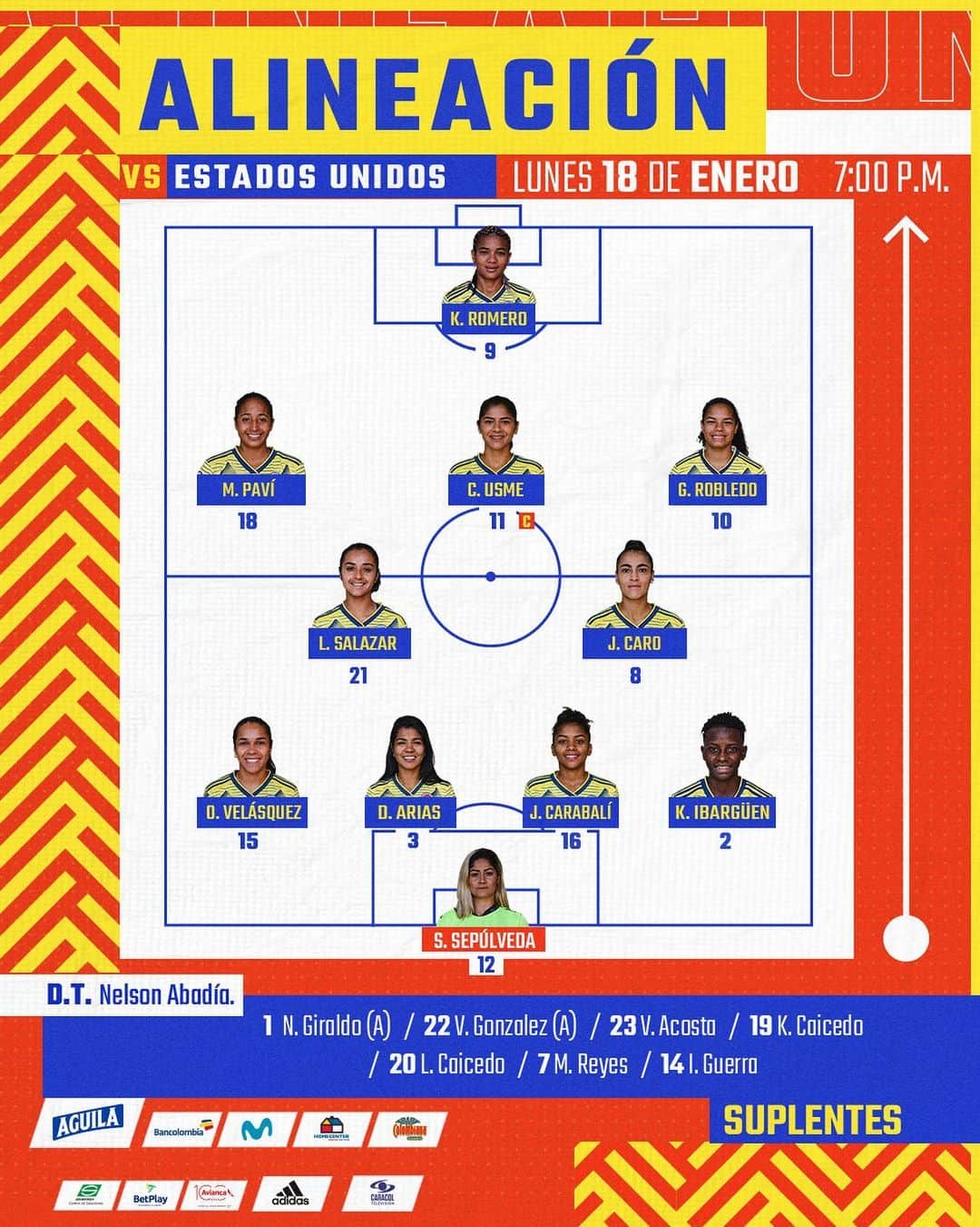 サッカー コロンビア代表チームのインスタグラム：「🚨 ¡ATENCIÓN! Esta es la formación titular de nuestra Selección Colombia Femenina que enfrentará a @uswnt   ¡Vamos EQUIPO!  #VamosColombia 🇨🇴 #USACOL  📺 @golcaracol HD2」